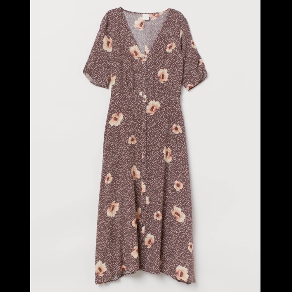 H&M brown floral button down midi dress sz 2